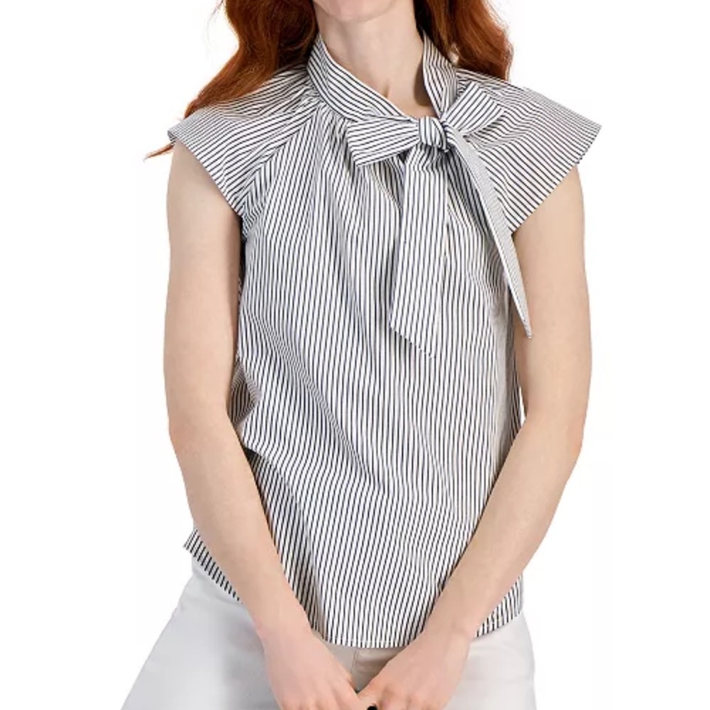 Jones New York Women's Cotton Striped Bow-Neck Short-Sleeve Blouse Size M